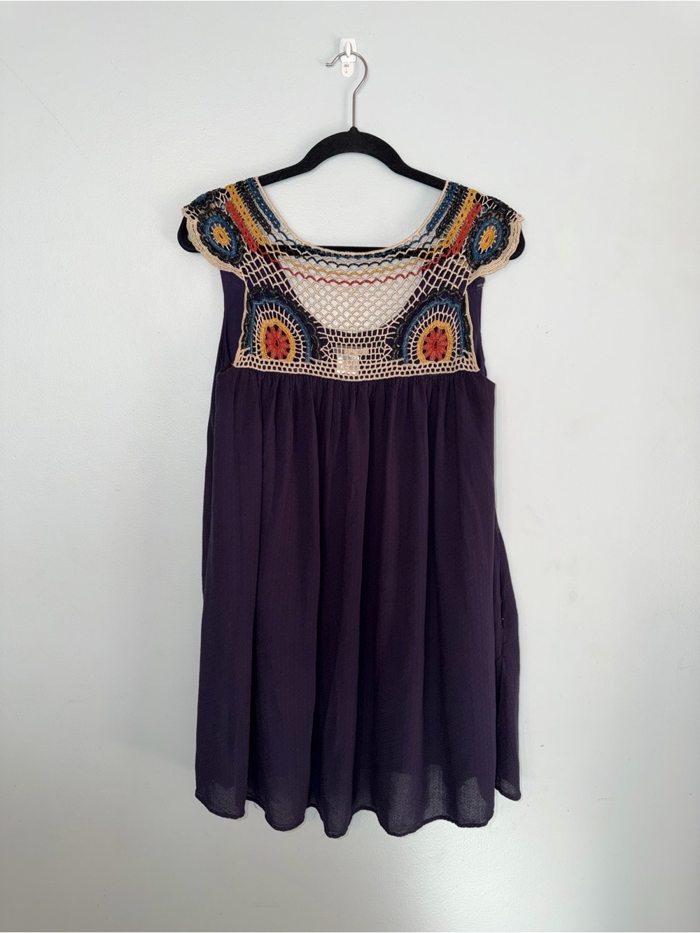 EARTHBOUND Purple Tunic Top or Mini Dress with Multicolor Crochet Yoke